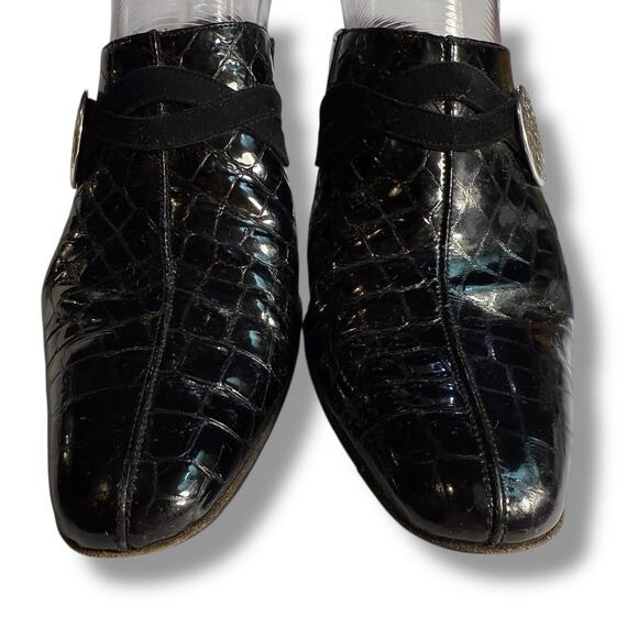 VTG Brighton Romeo Women’s Black Croc Patent Leather Mules Heel Shoes Size 8.5 M - Picture 4 of 13